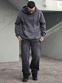 Devon Thys 男士纯色落肩长袖抽绳口袋休闲连帽衫，适合秋冬季节和开学季 | 方便叠穿 - 深灰色 - 查看 7