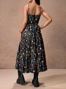 ROMWE PETITE Floral Print Sleeveless Vacation Dress - Black - View 2