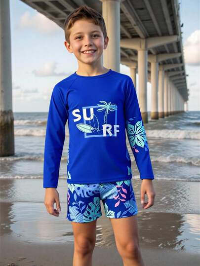 SHEIN Tween Boys badkläder, blått palmbladstryck långärmat tankini-set, modernt avslappnat elegant lämplig för bad, sommarsemester, strand, pool, högtidsfest