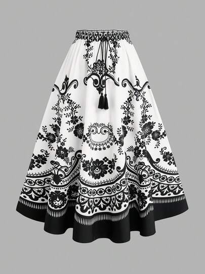 Sweetra Plus Size Women Casual Floral Print Tassel Tie Waist Skirt