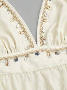 Sweetra Plain Design Semi-Sheer Beige Plus Size Boho Halter Dress With Ruffle Hem Details Beach Vacation Summer - Apricot - View 5