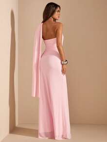 SHEIN BAE Women's Solid Pink Asymmetric Ruched Backless Chiffon Dress, Elegant Beach Holiday Dress, Spring/Summer - Pink - View 7