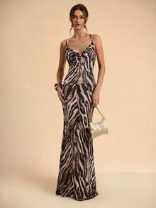 SHEIN BAE Đầm đi biển gợi cảm hở lưng, cổ xếp ly, họa tiết da báo màu cà phê. - màu nâu - Xem 1