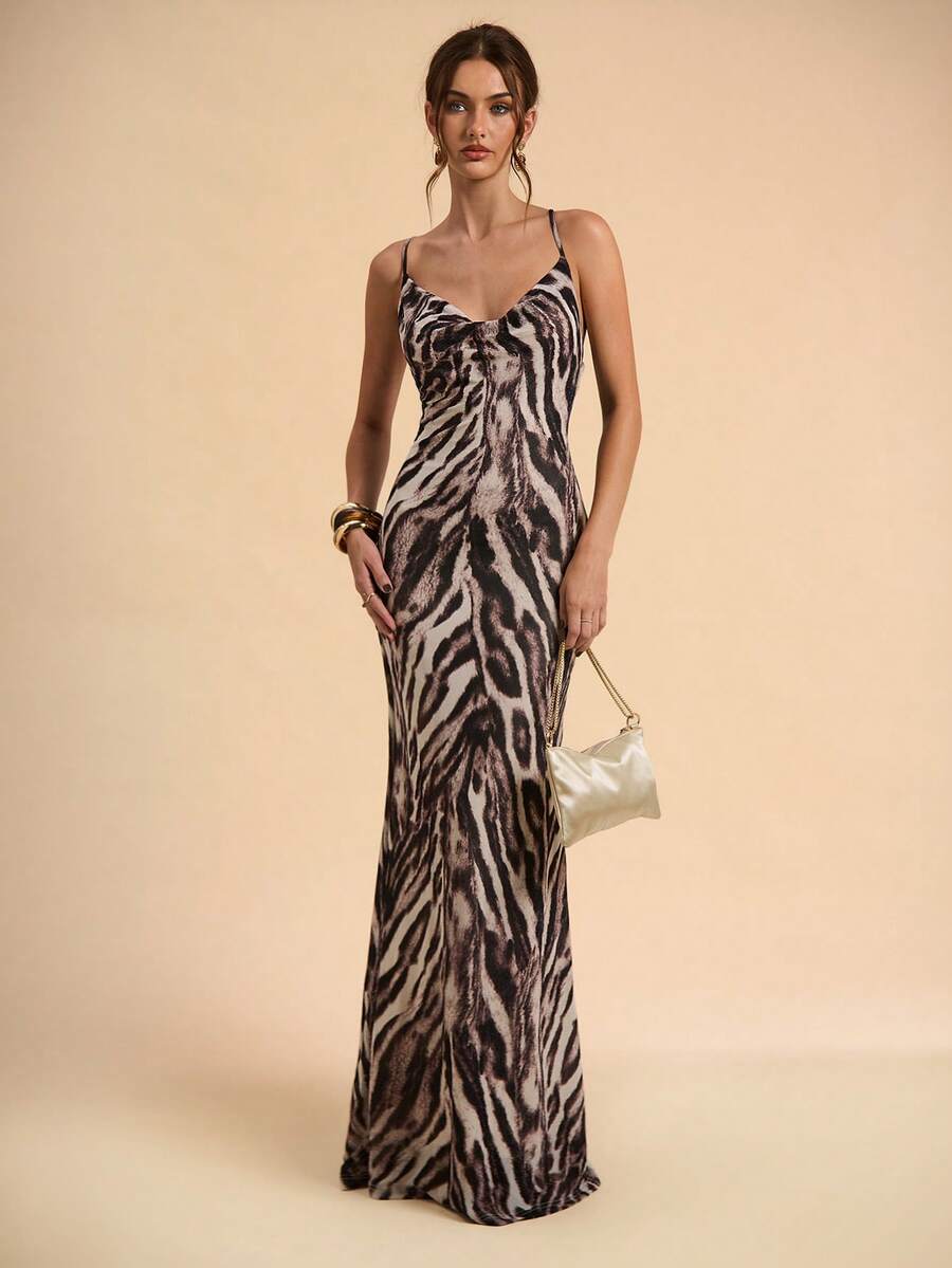 SHEIN BAE Đầm đi biển gợi cảm hở lưng, cổ xếp ly, họa tiết da báo màu cà phê. - màu nâu - Xem 1