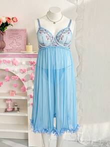 PetitDoll 大码甜美可爱浪漫花卉蕾丝拼接网纱内衣连衣裙+丁字裤两件套 - 藍色 - 查看 3
