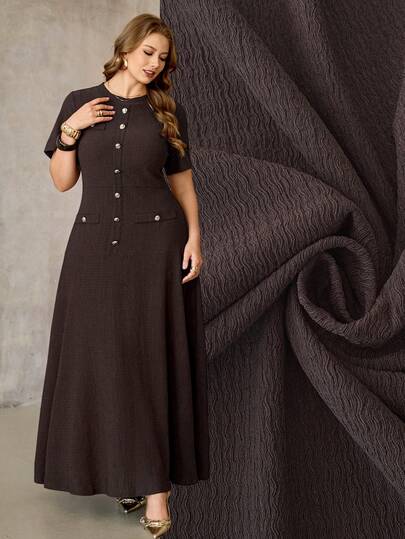 Roveilla Plus Size Women Elegant Button Decor Waist Cinched Midi Dress, Suitable For Dates And Parties