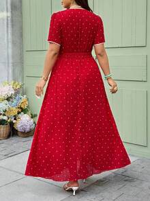Vionelle Vestido negro con estampado floral diminuto y encaje blanco en escote en V de talla grande, vestido rojo midi de primavera/verano, vestido rojo casual, vestido rojo, vestido de lunares, vestido rojo de mujer, vestido rojo de lunares, vestido rojo de verano, vestido rojo de mujer, vestido midi de verano - Rojo - Ver 3