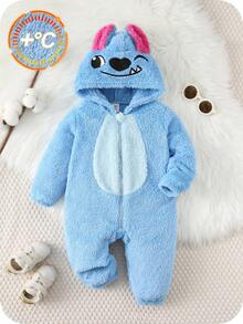 SHEIN Baby/Baby Boy/Girl Fleece Thickened Hooded Jumpsuit, Jumpsuit Outfits, Comfortable Versatile Fashion Daily Cute Ear Design Costumes, Suitable For Indoor, Outdoor Skiing, Daily Wear, Sports, Play, Party, Photo Shoot, Holiday, Halloween Warm Jumpsuit For Baby Boy New Born Baby Boy Clothes Winter Baby Fleece Jumpsuit Baby Cartoon Clothes - Blue - View 3