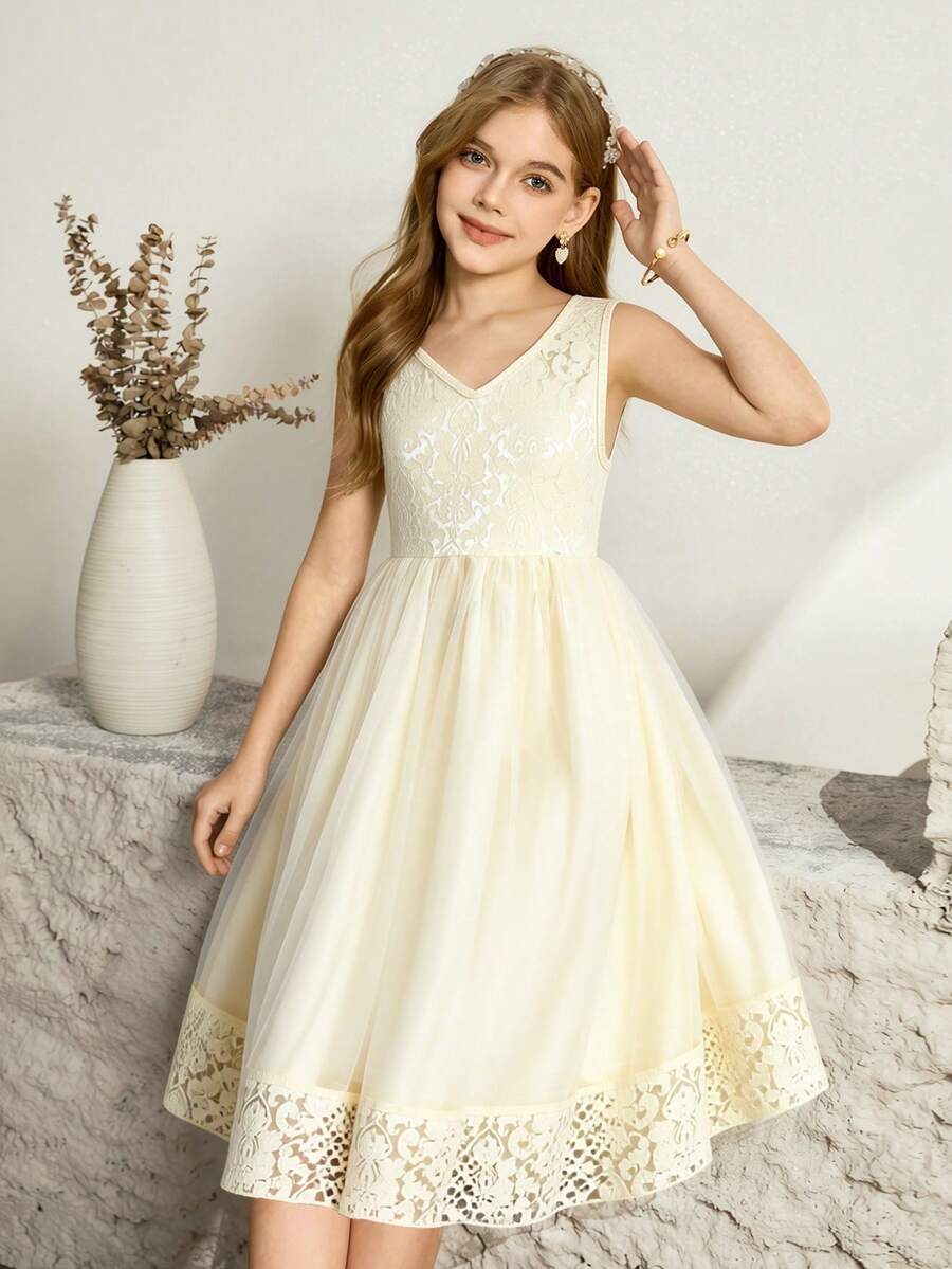 SHEIN 女童杏色网纱连衣裙，V领无袖优雅连衣裙，缎面面料，蝴蝶结腰带，春夏款 - 杏色 - 查看 1