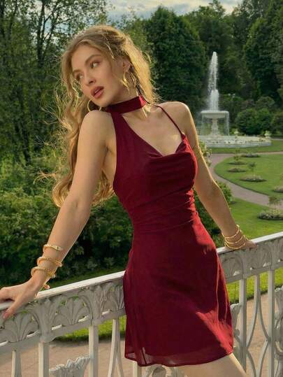 SHEIN MOD 酒红色丝带装饰垂领修身迷你连衣裙