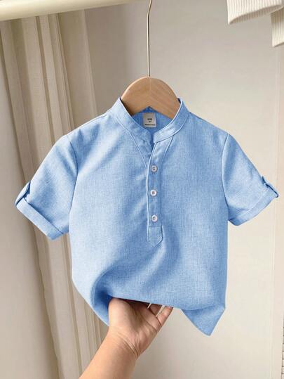 SHEIN 1 pieza Camisa casual de manga corta con cuello mao y tejido sencillo para niños pequeños