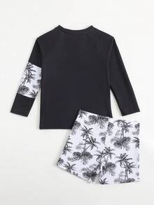 男童长袖树叶印花泳裤沙滩度假防晒泳衣套装 - 黑色 - 查看 2