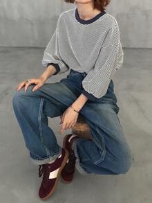 FRIFUL Áo thun tay phồng kẻ sọc dáng casual dành cho nữ, thích hợp cho mùa xuân/thu. - Xám - Xem 5
