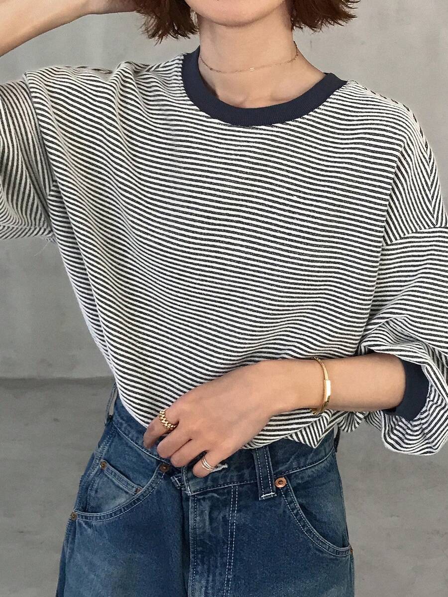 FRIFUL Áo thun tay phồng kẻ sọc dáng casual dành cho nữ, thích hợp cho mùa xuân/thu. - Xám - Xem 1