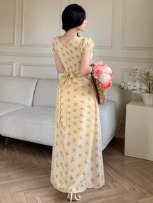 DAZY Vintage French Floral V-Neck Lace Trim Cinched Waist Maxi Dress Sundress Summer - Apricot - View 5