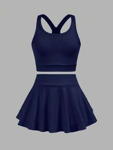 SHEIN Tween Girls' Casual Solid Color Knit Tank Top And Shorts Set, Spring/Summer Tween Two Piece Set Tweens Two Piece Set Tween Crop Top Set - Navy Blue - View 3