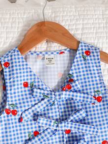 SHEIN Young Girl Casual Vacation Cherry Blue Plaid Vest Shirt Top And Shorts Set - Blue and White - View 5