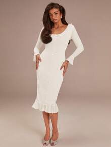 Athîral Women's Casual Pink Ruffle Hem Mid-Length Dress - White - View 3