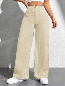 SHEIN PETITE CURVE Quần dài nữ cỡ lớn, màu trơn, kiểu dáng đơn giản, thường ngày, phong cách thường nhật. - Màu be - Xem 4