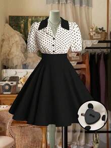 Sweetra Plus Size Polka Dot Patchwork Solid Color Mini Dress, Spring/Summer - Black - View 1