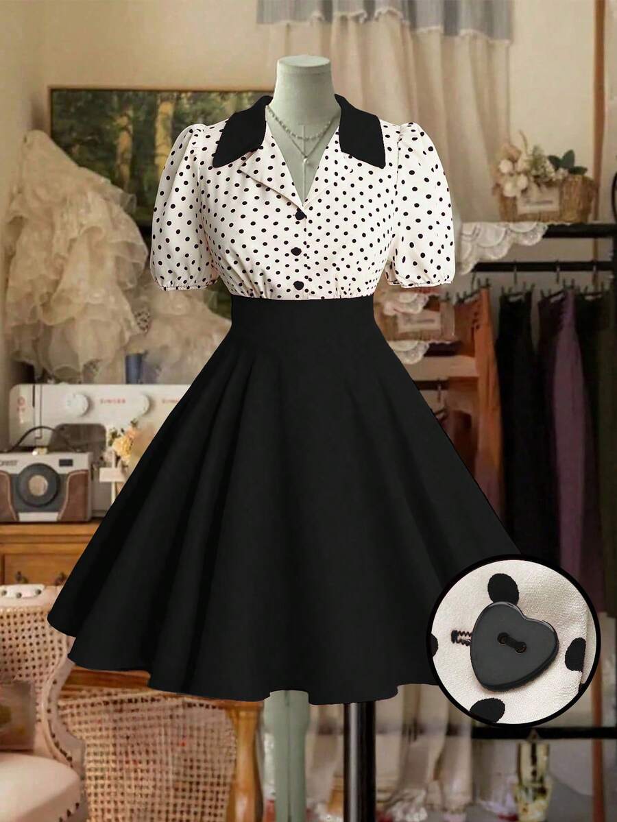 Sweetra Plus Size Polka Dot Patchwork Solid Color Mini Dress, Spring/Summer - Black - View 1