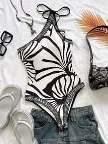 Soleia Women's Vacation Striped Halter Tie Front Bodysuit - Multicolor - View 1