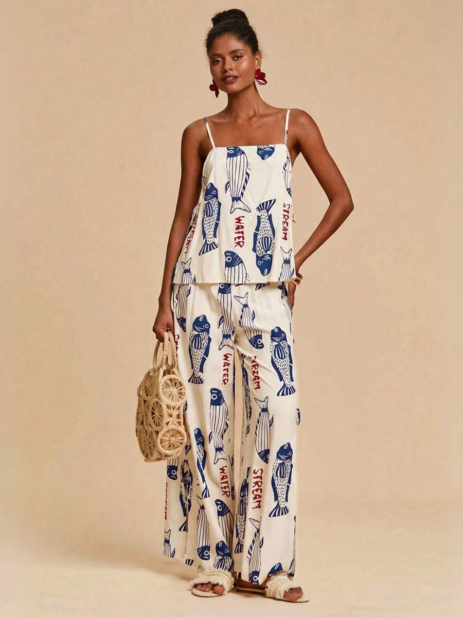 Travachic 女士鱼纹印花背心和印花长裤两件套，女士度假装，女士海滩度假装，女士夏季装，度假两件套 - 藍色 - 查看 1