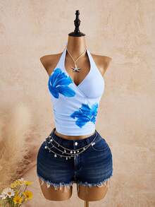 Zestiva 女士印花露背吊带泳衣上装，适合海滩度假 - 藍色 - 查看 1