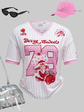 Strawberry Shortcake X SHEIN Tween Girls' Letter & Strawberry Print V-Neck Short Sleeve Casual T-Shirt