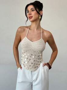 Firerie Women's Elegant Vacation Music Festival Romantic Sequin Crochet Knit Backless Shell Cami Top - Apricot - View 7