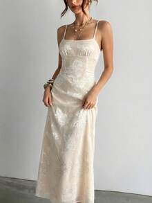 Aloruh 杏色吊带A字连衣裙，浪漫约会/婚礼蕾丝面料优雅长裙，女士 - 杏色 - 查看 6