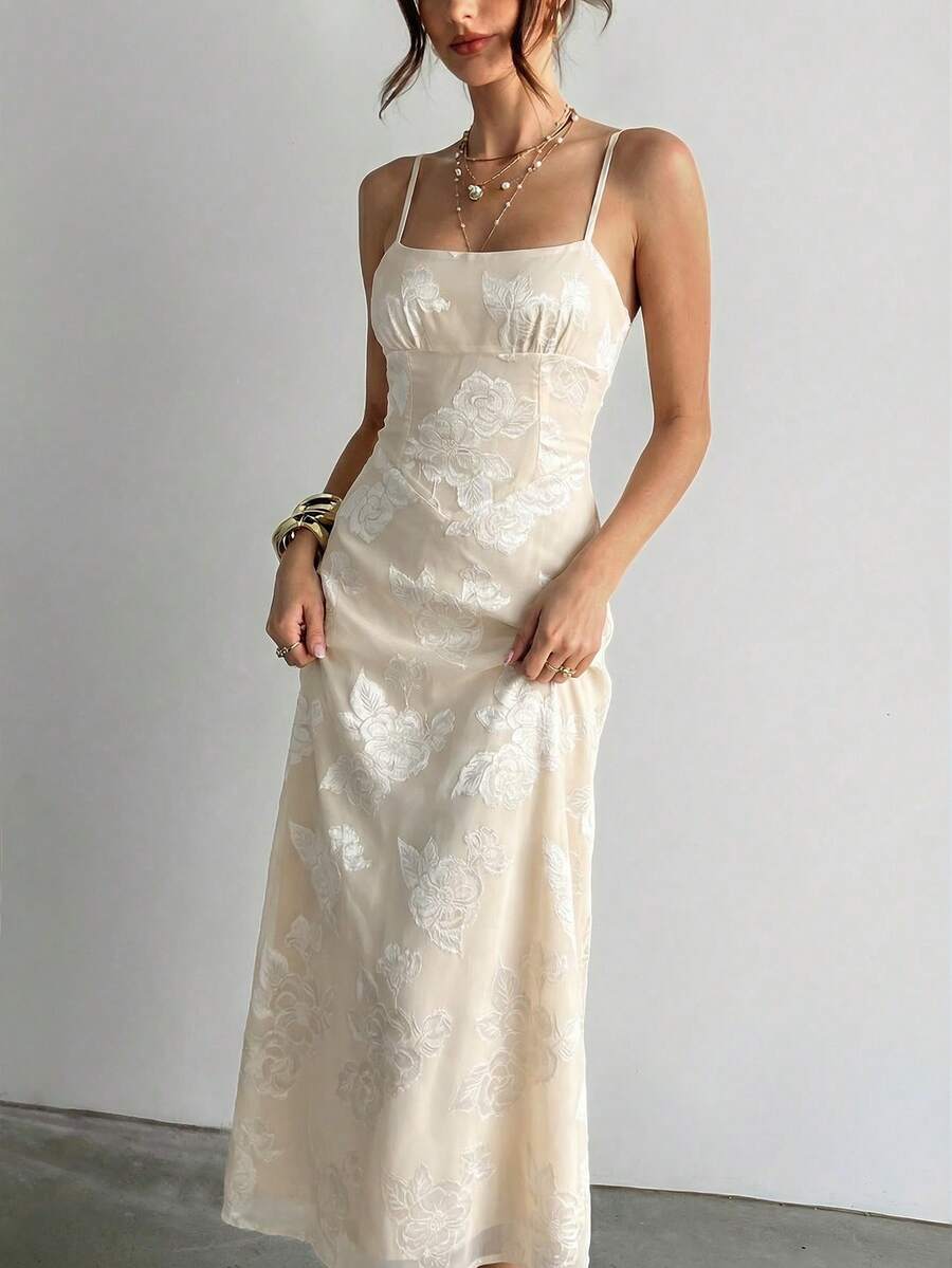 Aloruh 杏色吊带A字连衣裙，浪漫约会/婚礼蕾丝面料优雅长裙，女士 - 杏色 - 查看 1