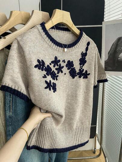 SHEIN Franclia New Arrival Casual Loose Floral Sweet Retro Women Knit Sweater, Spring/Autumn 3d Flower Top Knitted Top Sweater Top Pullover For Women Sweater For Women Knitted Tops Flower Embroidered Top Knit Tops