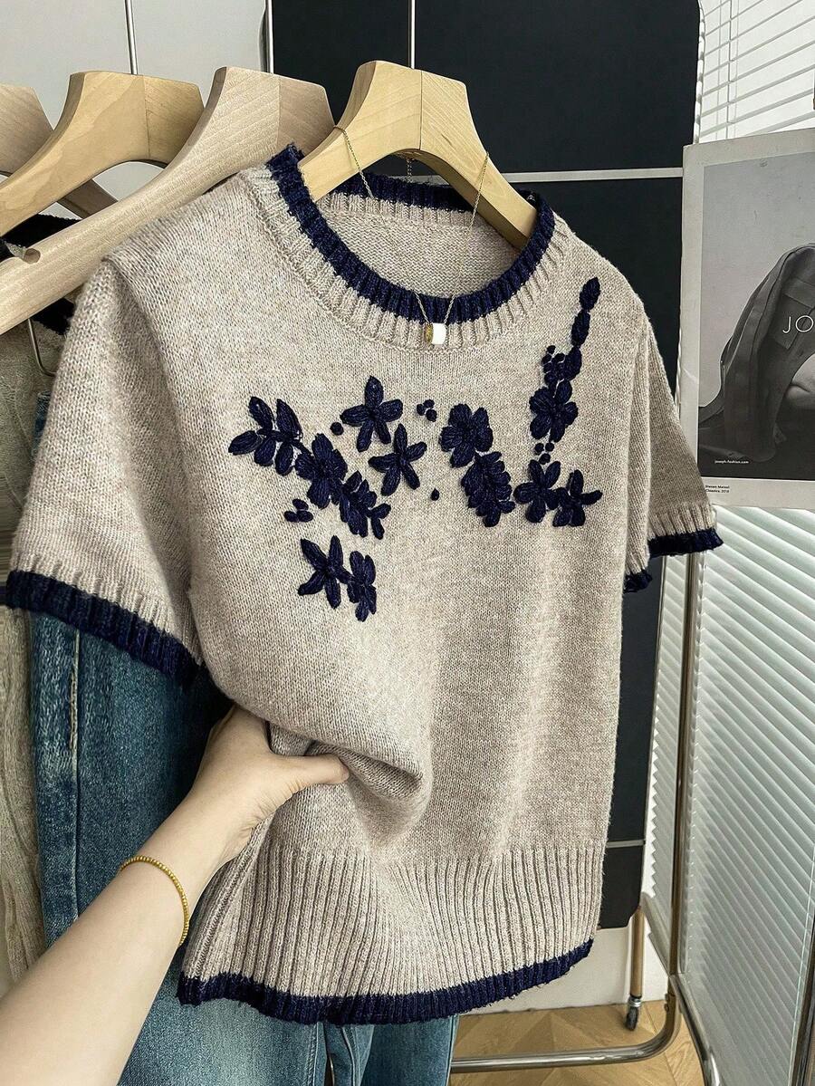 SHEIN Franclia 新款休闲宽松碎花甜美复古女式针织毛衣，春秋季