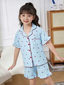 Genkimix Kids Summer Clothes  Tween Girls Pajamas Set, Comfortable & Fashionable Cherry Print Ruffle Trim Elegant Short Sleeve Shorts 2 Pieces Sleepwear - Baby Blue - View 3