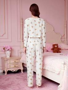 Bonmuse 两件套女士圆领长袖上衣+松紧腰裤睡衣套装 - 白色 - 查看 2