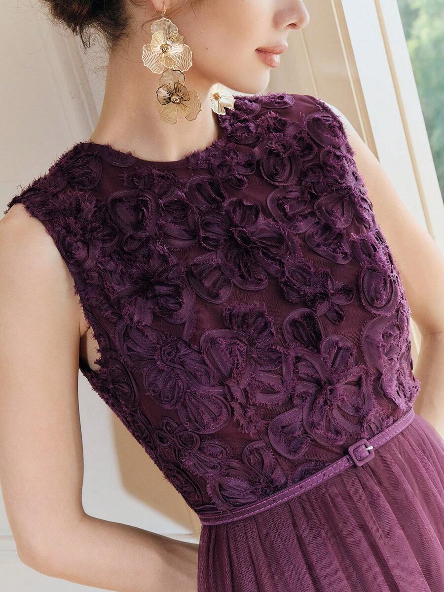 Anewsta Spring/Summer New Vacation Party Round Neck Embroidered Mesh Rope Belt Waist Flared Hem Elegant Dress For Women - Purple - View 1