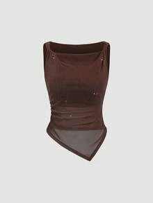 Sweetra 女士复古优雅时尚金属针织扭结下摆不对称无袖棕色吊带背心，适合通勤、休闲穿着、海滩度假、嘉年华等场合。 - 咖啡棕 - 查看 1