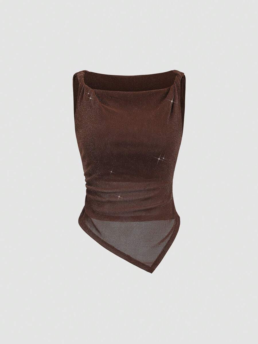 Sweetra 女士复古优雅时尚金属针织扭结下摆不对称无袖棕色吊带背心，适合通勤、休闲穿着、海滩度假、嘉年华等场合。 - 咖啡棕 - 查看 1