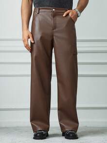 HUEFORM Manfinity Streetrush 男士 PU 皮裤，宽松百搭长裤，男士宽松直筒休闲棕色宽松工装裤，秋冬 - 棕色 - 查看 3