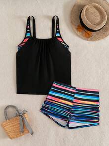 Swim Lushoire Women's Printed Front Ruched Thick Strap Tankini Swimwear 2 Pieces Set - Multicolor - View 3