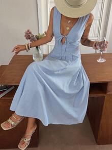 Livesso Vestido midi sin mangas a rayas con cinturón azul, conjunto de playa de estilo campestre para el verano - Azul - Ver 4