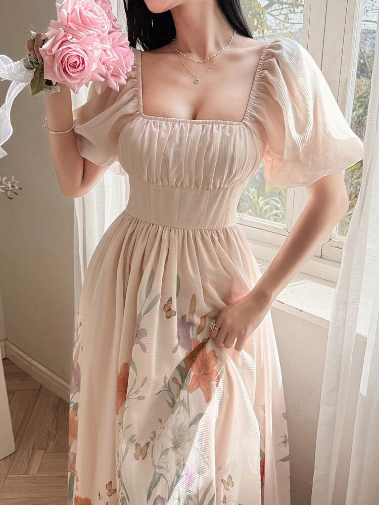 Women's Elegant Floral Print Waist Cinched Petal Sleeve Dress, Summer Sun Dresses For Women