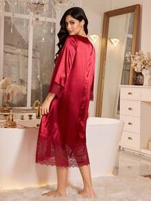 SHEIN Lace Patchwork V-Neck Long Nightgown, Wine Red - Burgundy - View 2