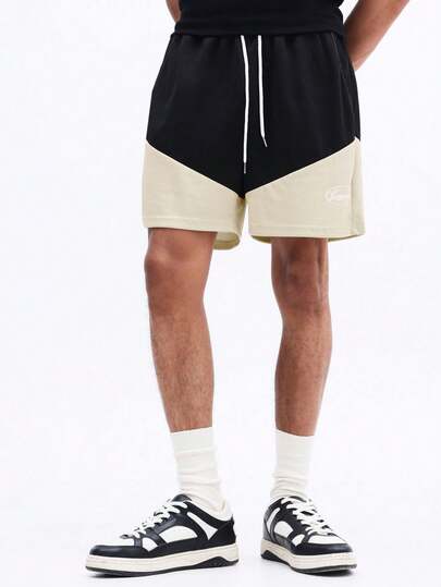 SUMWON Drawstring Basketball Shorts Color Block Contrast Panel Design With Elastic Waistband Relaxed Fit Summer Casual Wear