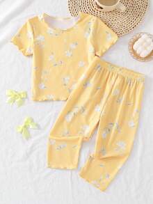女婴睡衣套装 - 两件套蝴蝶印花睡衣套装，短袖圆领上衣搭配长裤，松紧腰带，轻薄柔软弹力，夏季睡衣家居服，节日礼物，2026必备，可爱粉嫩蜜桃色 - 黃色 - 查看 5