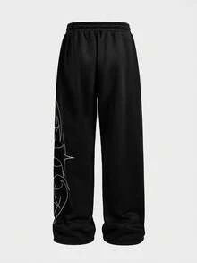 AXEPEAK 男士休闲时尚街头日常通勤抽绳腰带交叉印花宽松阔腿运动裤 - 黑色 - 查看 5