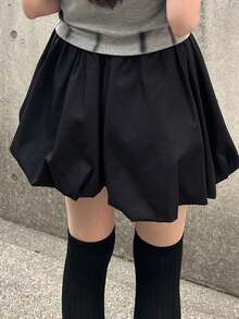 FRIFUL Women's Solid Black Pleated Short Flared Hem Loose Casual Versatile Skirt - Black - View 2