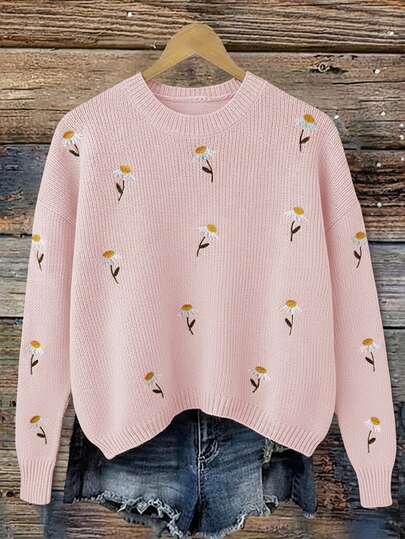 Linhara Plus Size Women Floral Embroidery Crew Neck Casual Everyday Wear Long Sleeve Sweater