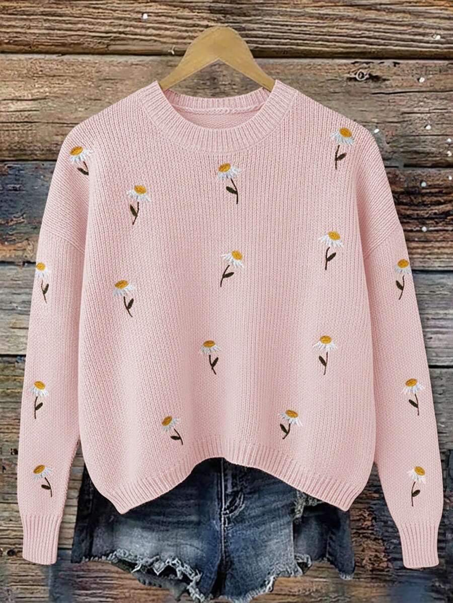 Linhara 大码女式花卉刺绣圆领休闲日常长袖毛衣 - 粉色 - 查看 1